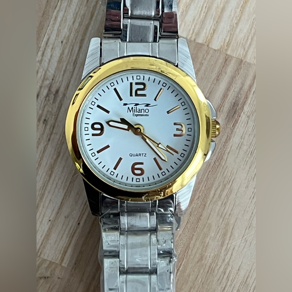 Milano Expressions Ladies Watch Stainless Bracelet White Dial Gold Tone Hands